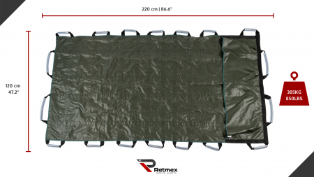 PRIM AJUTOR - Prelata (cearceaf) de evacuare RETMEX model Bariatrici - material Poliester + PU - 120x220 cm - pana la 385 Kg - inclusiv geanta
