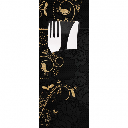 HORECA - Punga tacamuri ELEGANZA din FSC mix 20x8.5 cm - cu servetel negru - printat cu motiv - culoare negru