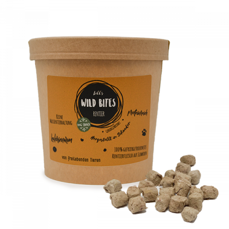Recompense caini - Recompensa caine WILD BITES - 100% carne de ren liofilizata - produs in Suedia - 150g