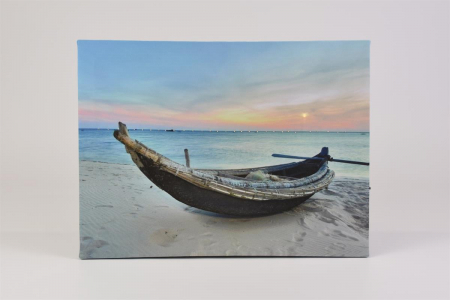Tablou iluminat 1 LED si 30 LED fibra cu timer - 30x40 cm - print digital pe canvas - barca pe plaja [2]