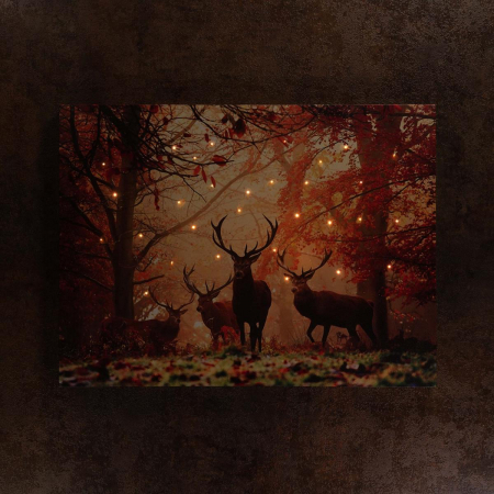 Tablou iluminat 30 leduri cu timer - 30x40cm - print digital pe canvas -  cerbi in padure [1]