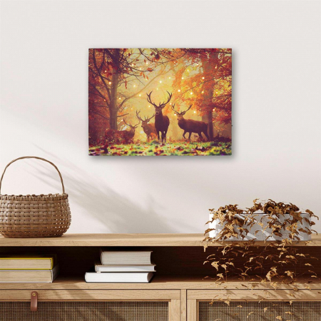 DECORATIUNI - Tablou iluminat 30 leduri cu timer - 30x40cm - print digital pe canvas -  cerbi in padure