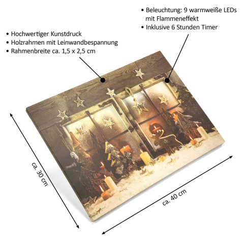 Tablou iluminat 9 leduri  efect lumanare cu timer - 30x40cm - print digital pe canvas - Fereastra X-mas [5]