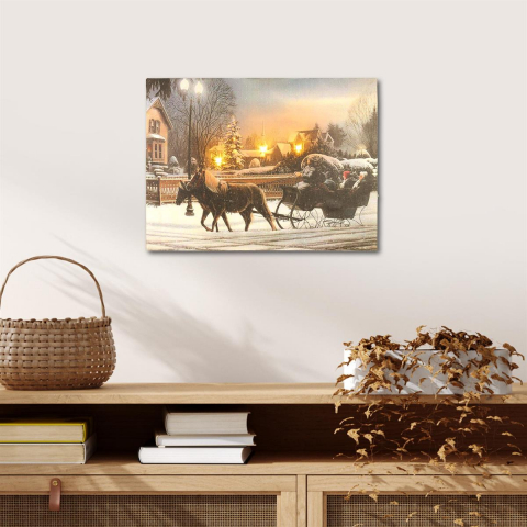 DECORATIUNI - Tablou iluminat cu 3 leduri cu timer - 30x40cm - print digital pe canvas - Sanie trasa de cai