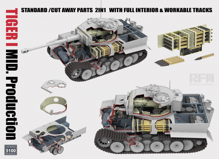 Rye Field Model 5100 - 1:35 Tiger I MID. Production 2in1 w/cutaway parts & full interior & & workable tracks [2]