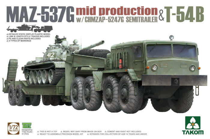 TAKOM 5013 - 1:72 MAZ-537G (mid) + CHMZAP-5247G Semitrailer & T-54B Tank [1]