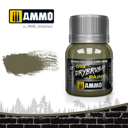 Vopsire, Weathering & Diorama - A.MIG-0609 - DRYBRUSH MEDIUM OLIVE GREEN