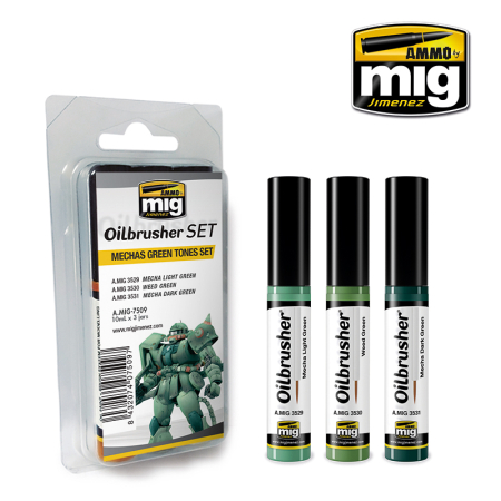 Vopsire, Weathering & Diorama - A.MIG-7509 - OILBRUSHER MECHAS GREEN TONES SET