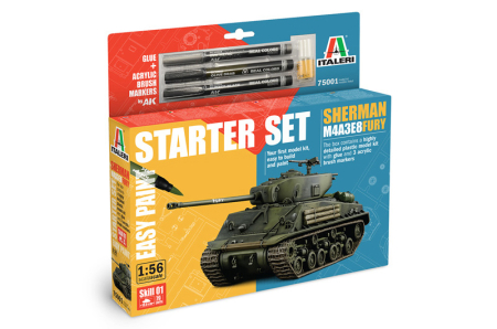 Kituri Complete pentru Începători - Italeri 75001 - 1:56 American Medium Tank M4A3E8 Sherman Fury - Starter Set Easy Paint