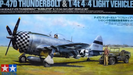 Avioane - Tamiya 25214 - 1:48 Republic P-47D Thunderbolt Bubbletop and 1/4 ton 4x4 Light Vehicle Set
