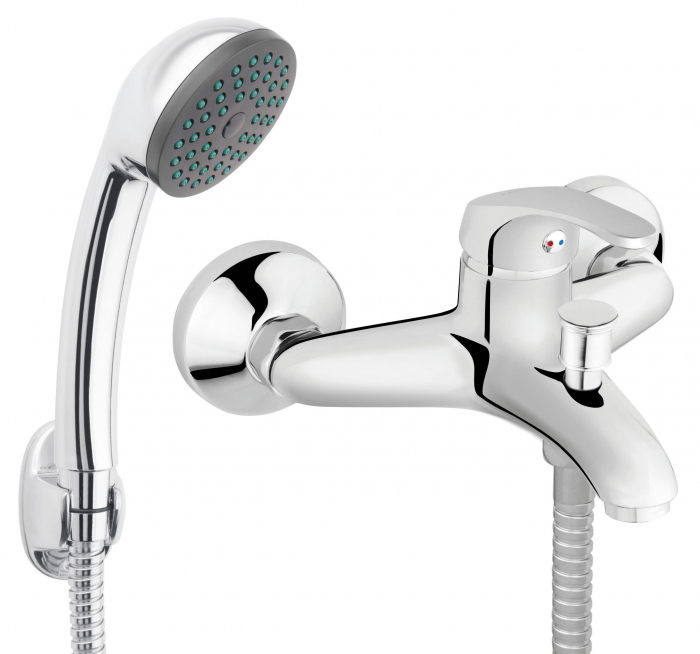 Baterie perete cadă-duș Basic, cu set de duș inclus, comutator automat, cartuș ceramic 35 mm, crom, FERRO [1]