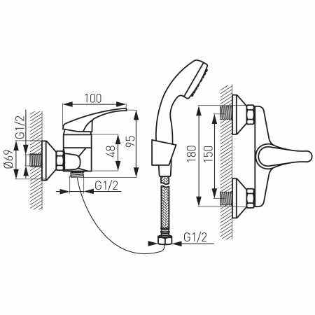 Baterie duș perete Basic, cu set de duș inclus, cartuș ceramic 35 mm, crom, FERRO [1]