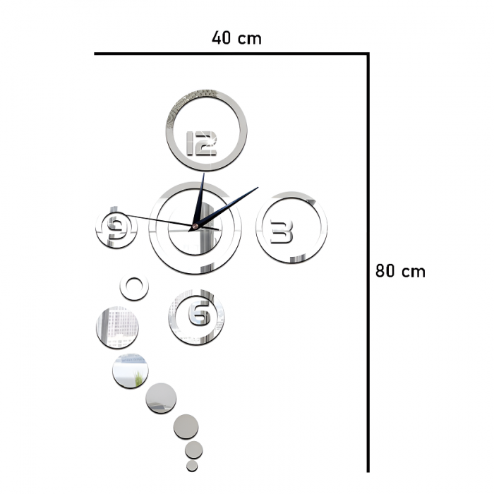 Ceas Decorativ Oglinda Acrilica, Fara Zgomot, 80 cm x 40 cm, Planetar, Argintiu [3]