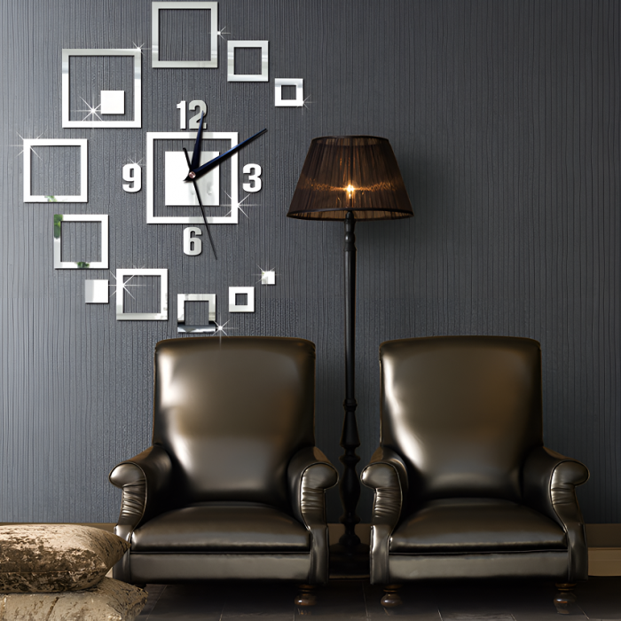 Ceas Decorativ, Oglinda Acrilica, Figuri Geometrice, 55 cm x 45 cm, Argintiu [2]