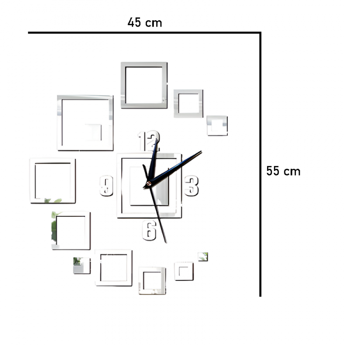 Ceas Decorativ, Oglinda Acrilica, Figuri Geometrice, 55 cm x 45 cm, Argintiu [3]