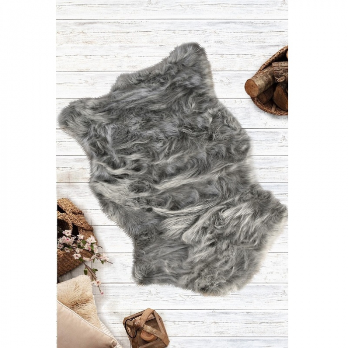 Covor Blana Sintetica Decorativa Cu fir lung, 70 cm x 100 cm, Gri Antracit [5]