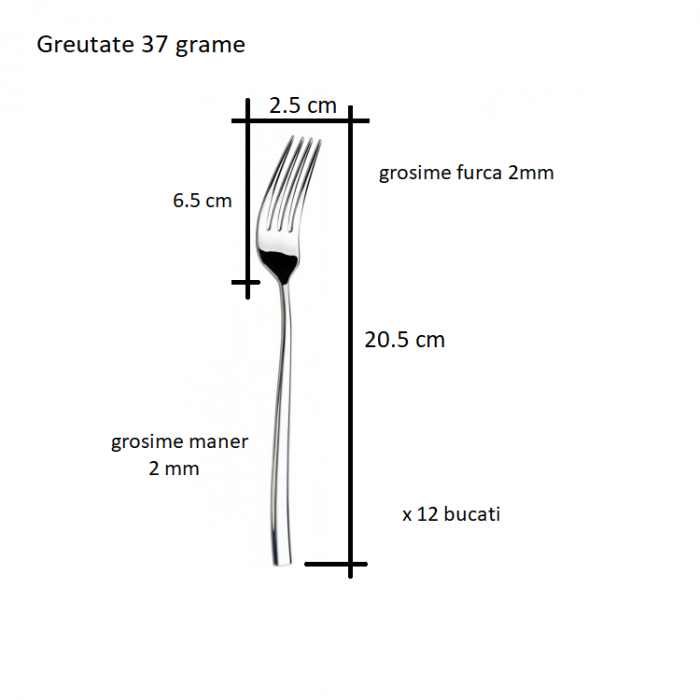 Furculita Servire Masa, Inox, Set 12 buc, Finisate Lucios, Argintiu, Greutate 37 g, 20.5 cm x 2.5 cm , Grosime Maner 2 mm, Grosime Furca 2 mm [3]