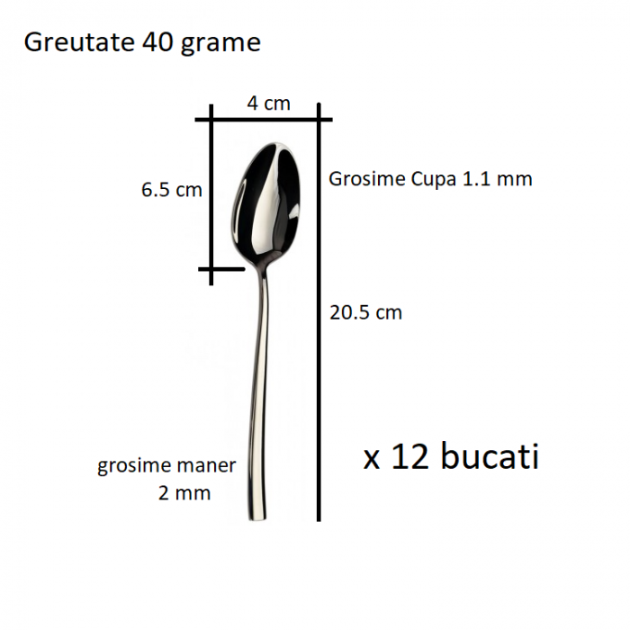Lingura Servire Masa, Inox, Set 12 buc, Finisate Lucios, Argintiu, Greutate 40 g, 20.5 cm x 4 cm , Grosime Maner 2 mm, Grosime Cupa 1.2 mm [2]