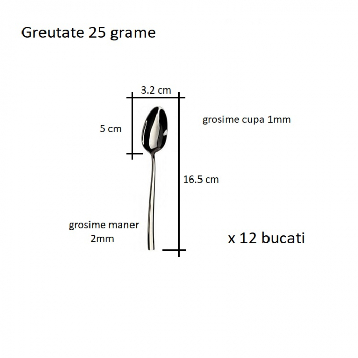 Lingurita Servire Masa, Inox, Set 12 buc, Finisate Lucios, Argintiu, Greutate 25 g, 16.5 cm x 3.2 cm , Grosime Maner 2 mm, Grosime Cupa 1.2 mm [2]