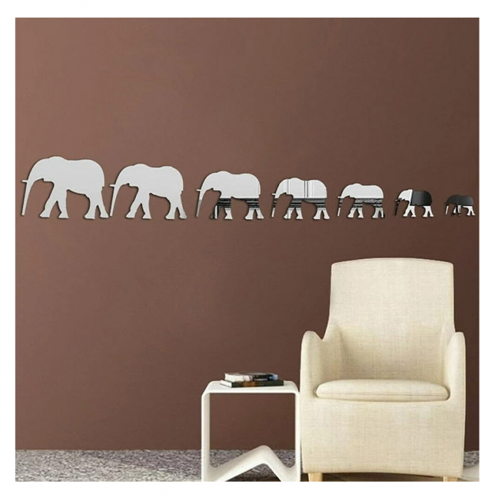 Sticker Acril Decorativ Oglinda, Creativ, 14 cm x 60 cm x 2 mm Grosime, Familie de Elefanti [2]