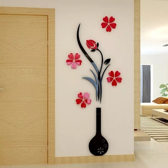 Sticker Acril  Decor, Acril Lucios, Rosu Lucios / Negru Lucios, Vaza cu Flori, 120 cm x 50 cm, Big Size [1]