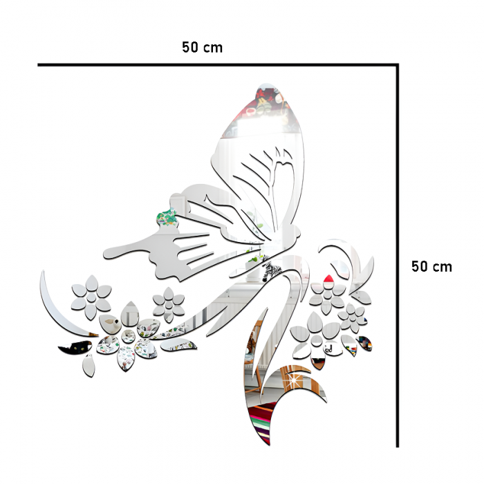 Sticker Decorativ Oglindă Acrilică Argintie – Design Fluture și Motive Florale [2]