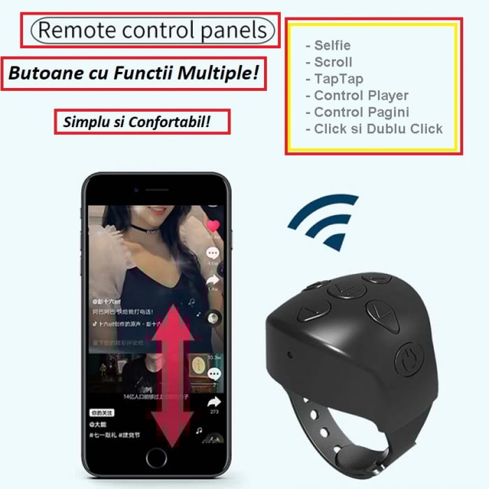 Telecomanda telefon Smart Control cu Conectivitate Bluetooth, Compatibil Android si IOS, Control Tik Tok, You tube, Selfi, Player, Scroll, Tap tap, culoare Nergru [2]