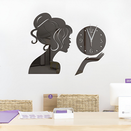 Decoratiuni Casa - Ceas Decorativ Sticker, Fara Zgomot, Beauty Girl, 37 cm x 30 cm