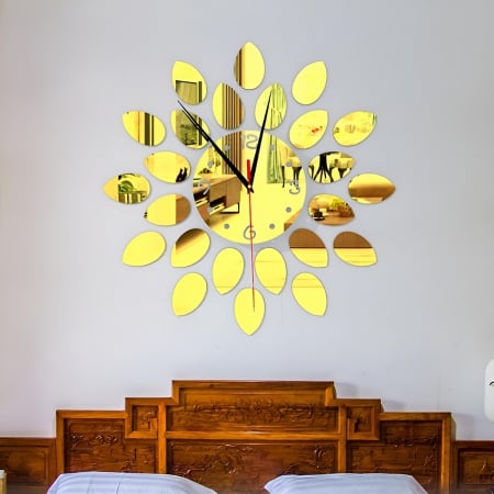 Decoratiuni Casa - Ceas Decorativ Sticker, Fara Zgomot, Floare, 400 mm x 400 mm, Auriu