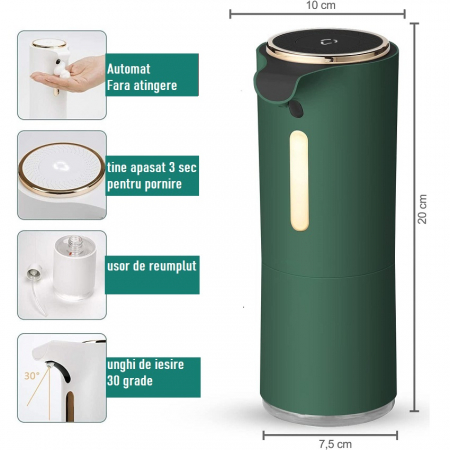Dozator de sapun cu spuma cu Senzor, si Odorizant Incapere, Fara Contact, 250 ml, Verde / Auriu [4]