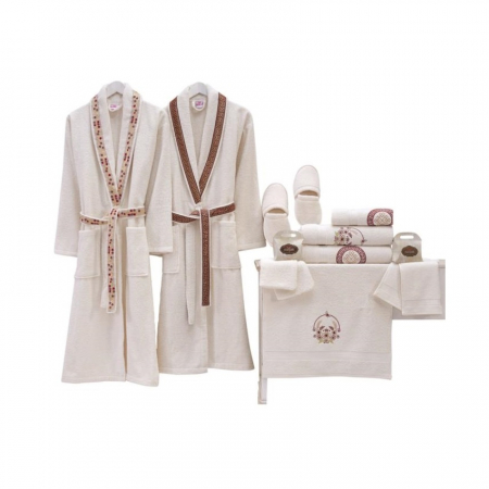 Set Halat Baie Cuplu, 12 piese, Alb / Rosu cu Broderie Aurie , 2 Perechi Papuci, 2 Halat, 6 prosop, 2spalator, Marime Universal [1]