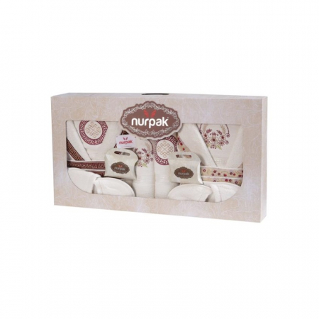 Set Halat Baie Cuplu, 12 piese, Alb / Rosu cu Broderie Aurie , 2 Perechi Papuci, 2 Halat, 6 prosop, 2spalator, Marime Universal [2]