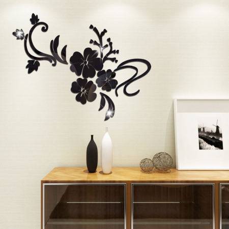Stiker Acril Oglinda Creativ - Sticker Acrilic Decor, Oglinda Acrilica Neagra, Floral, 60 cm x 80 cm