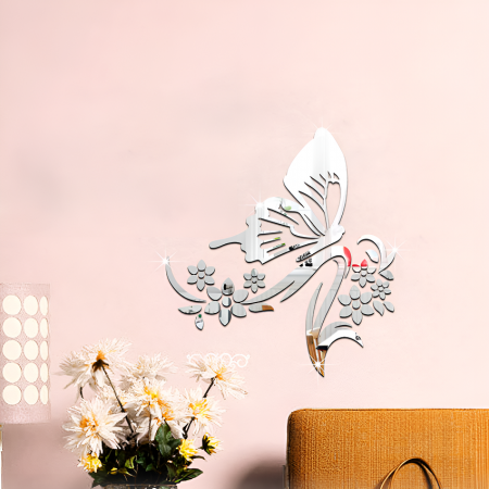 Sticker Decorativ Oglindă Acrilică Argintie – Design Fluture și Motive Florale