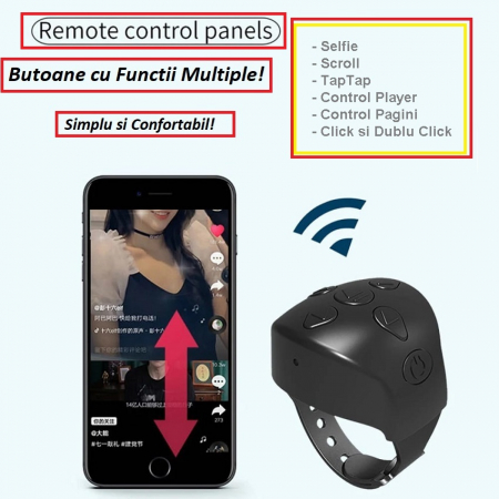 Telecomanda telefon Smart Control cu Conectivitate Bluetooth, Compatibil Android si IOS, Control Tik Tok, You tube, Selfi, Player, Scroll, Tap tap, culoare Nergru [1]