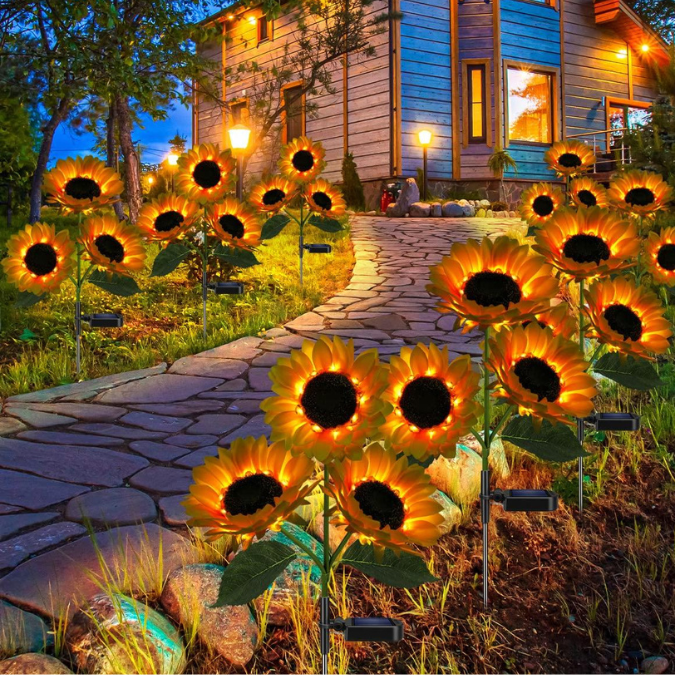 Iluminează-ți grădina cu stil: Set de 2 lămpi solare LED în formă de floare-soarelui