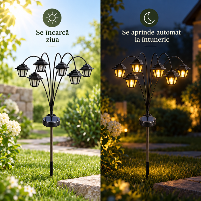 Lampă solară de grădină cu 6 felinare LED cu lumină caldă, panou solar integrat și țăruș pentru montaj [6]