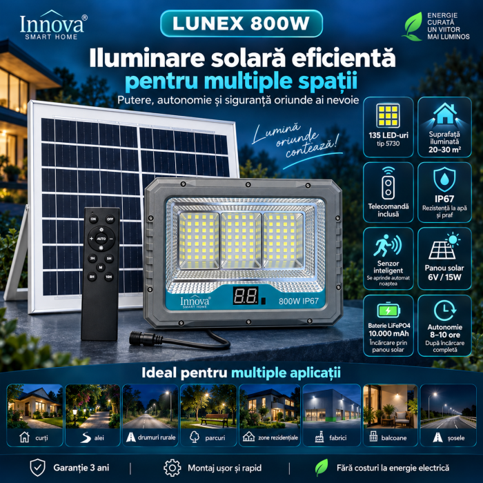 Kit proiector solar Innova Lunex 800W cu panou separat, telecomandă și cablu de conectare [5]