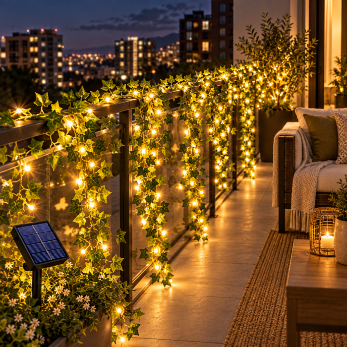 Instalație solară LED tip iederă, cu frunze artificiale și lumină caldă –  12 m cu 100 LED-uri [4]