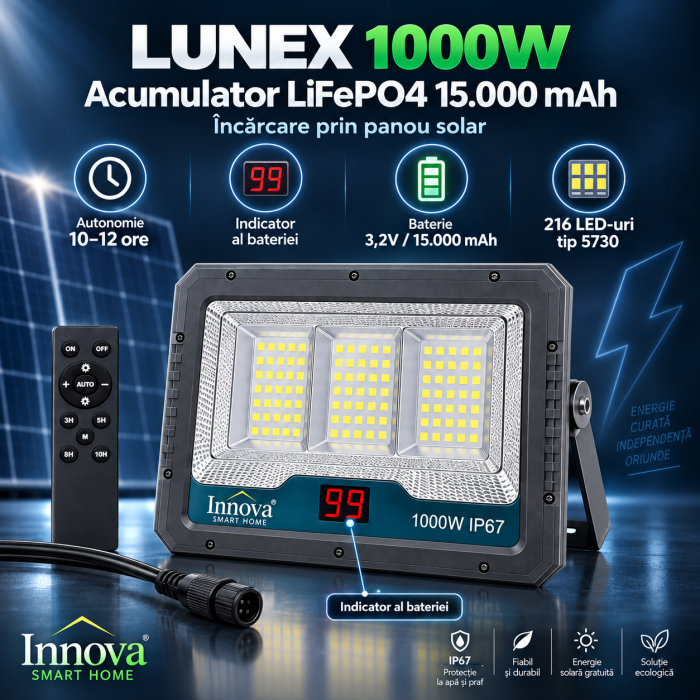 Kit proiector solar Innova Lunex 1000W cu panou separat, telecomandă, cablu și ambalaj [3]