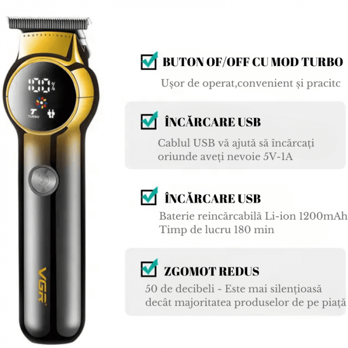 Aparat de Tuns Profesional VGR V-989 pentru Barba Contur & Corp Afisaj LED cu Acumulator Lame din Otel Inoxidabil [2]