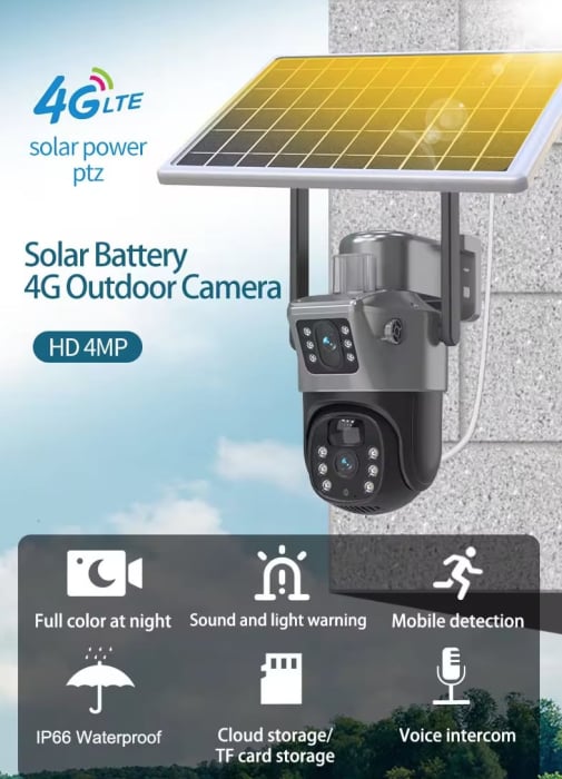 Cameră de Supraveghere Duală cu Panou Solar, Conectivitate SIM/WiFi, Senzor de Mișcare, Lentile Duble, 2K HD 6MP și 4G [5]