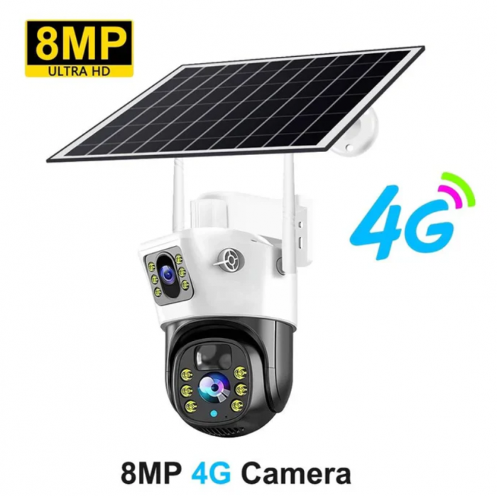SET 2 xCameră de Supraveghere Duală cu Panou Solar, 6 mp, 4G SIM, Senzor de Mișcare, Lentile Duble  + 2 card 64GB [10]
