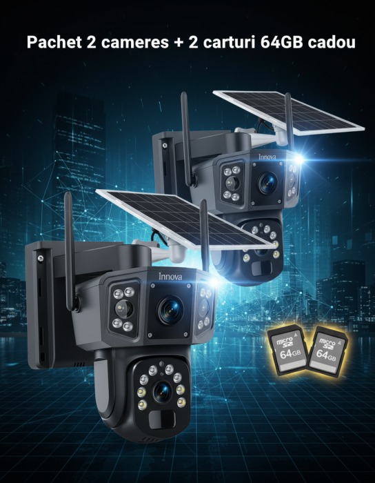 Set 2 x Camera Supraveghere Solara Dubla INNOVA WIFI , 6MP , Full HD, PTZ 360°, baterie 12000mAh, 2 carduri 64gb cadou , 3 ani garantie [2]