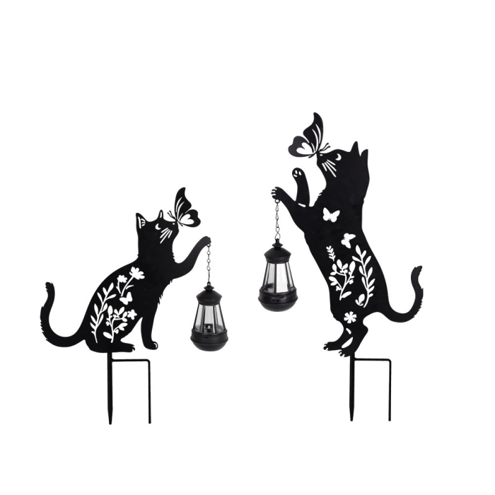 Set 2 Decoratiuni Solare de Gradina, Model Pisica Neagra cu Felinar LED si Fluture, din Metal [5]