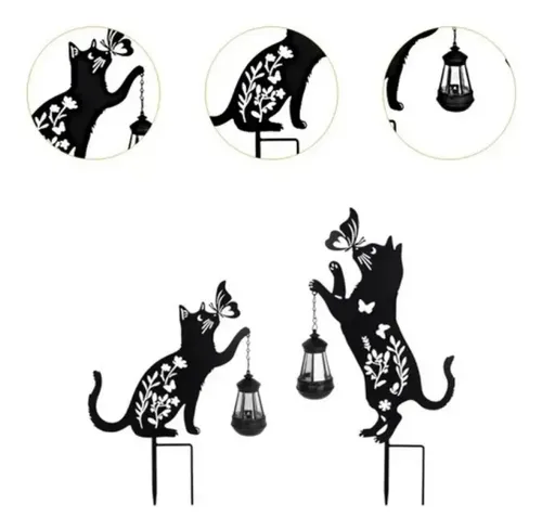 Set 2 Decoratiuni Solare de Gradina, Model Pisica Neagra cu Felinar LED si Fluture, din Metal [6]