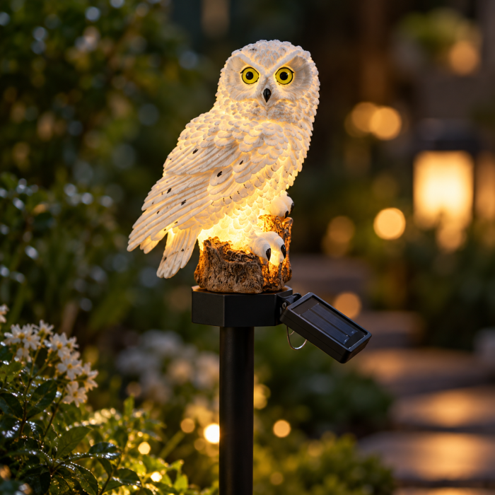 Set 2 Lămpi Solare Bufniță Albă pentru Grădină, Lumină Caldă, Țăruș 45 cm [13]