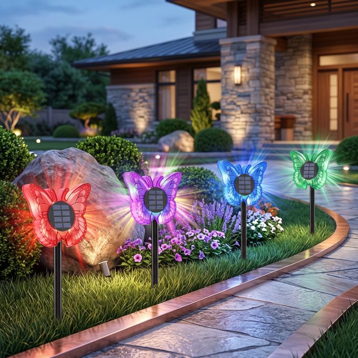 Set 2 Lămpi Solare LED Fluture RGB, Montaj pe Perete sau în Sol, IP65, 5W, 37 cm, 4 Culori [2]