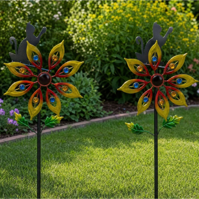 Set 2 Moristi de Vant Decorative pentru Gradina cu Pisicuta, Metalice, 119 cm, Ornament pentru Curte si Flori [3]
