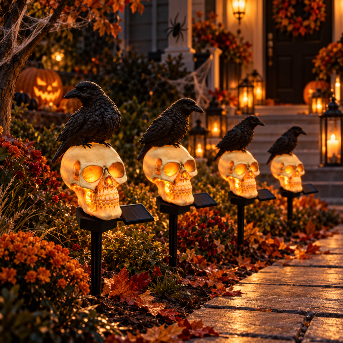 Set 2 sau 4 Lămpi Solare Halloween cu Craniu și Cioară, Decorațiuni pentru Grădină și Curte [7]